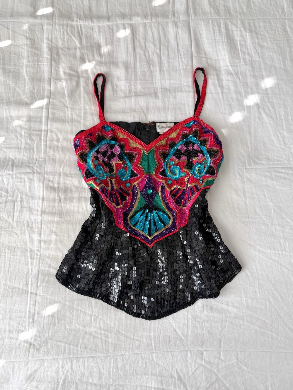 Vintage 90s Neiman Marcus Full Beaded Sequin Pure Silk Corset Tank Top Size XS